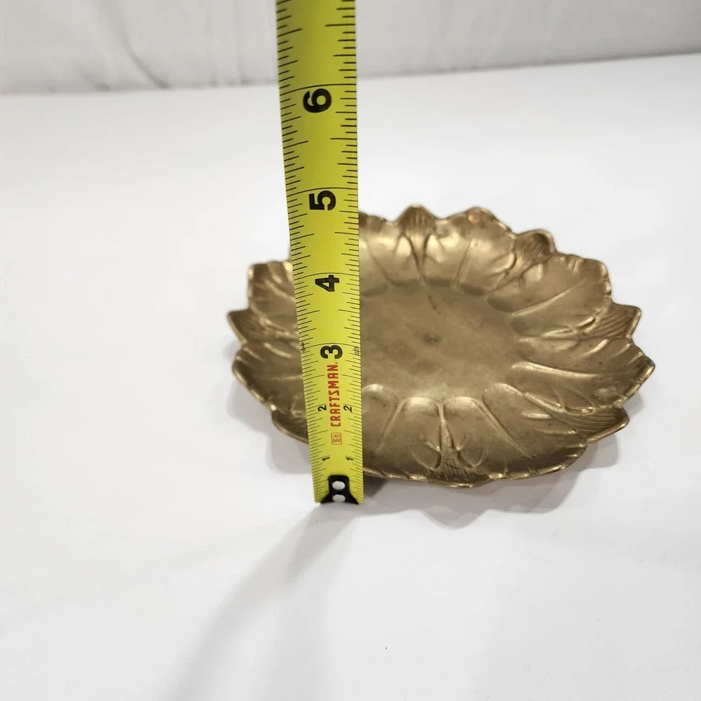 Vintage Brass Lotus Leaf Trinket Dish Scalloped Floral Catchall Tray 8 Inch